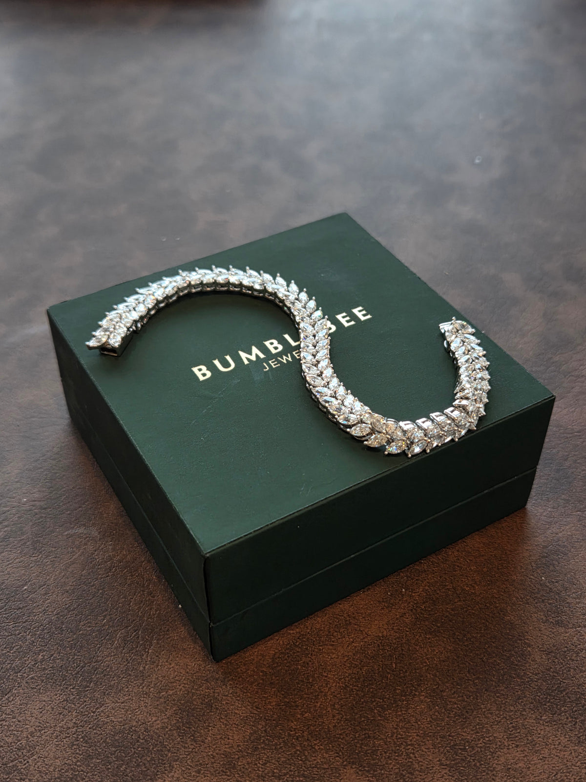Silver Tone Double Row Marquise Leaf Bracelet for Women Clear Stone Statement Bracelet with Box Clasp Wedding and Party Jewelry