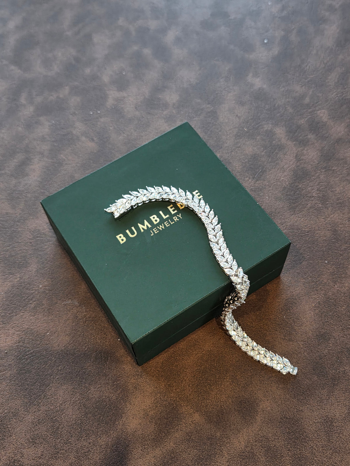 Silver Tone Double Row Marquise Leaf Bracelet for Women Clear Stone Statement Bracelet with Box Clasp Wedding and Party Jewelry