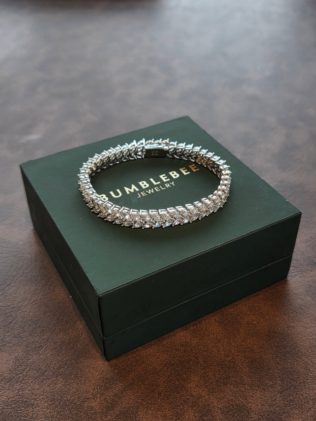 Silver Tone Double Row Marquise Leaf Bracelet for Women Clear Stone Statement Bracelet with Box Clasp Wedding and Party Jewelry