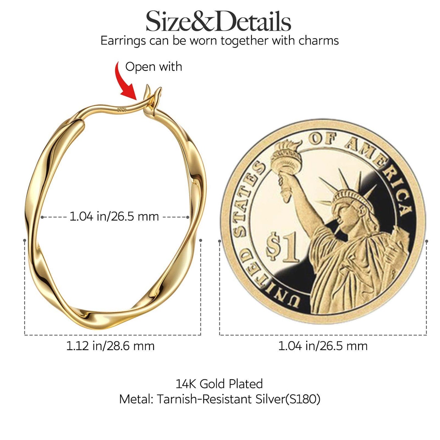 [?As @teddilovesfashion's Pick] Golden Waves Tarnish-resistant Silver Charms Earrings Set M Size Classic Hoop Earrings with Sterling Silver Ear Post In 14K Gold Plated
