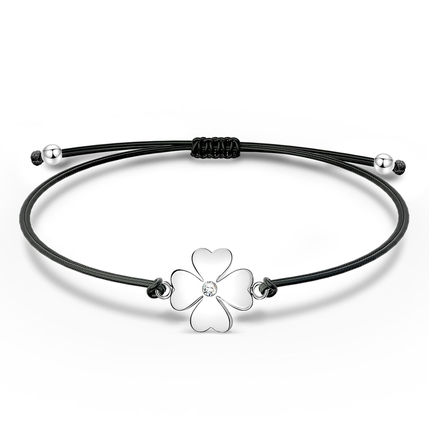 Sterling Silver Adjustable Lucky Leather Bracelet In White Gold Plated