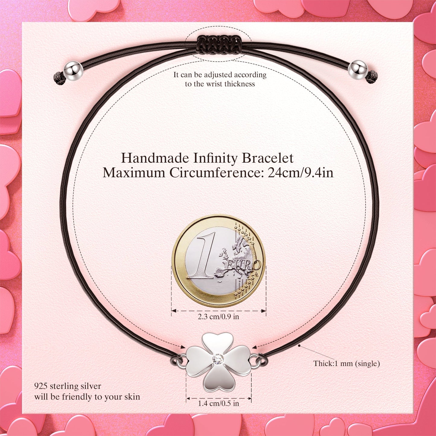 Sterling Silver Adjustable Lucky Leather Bracelet In White Gold Plated