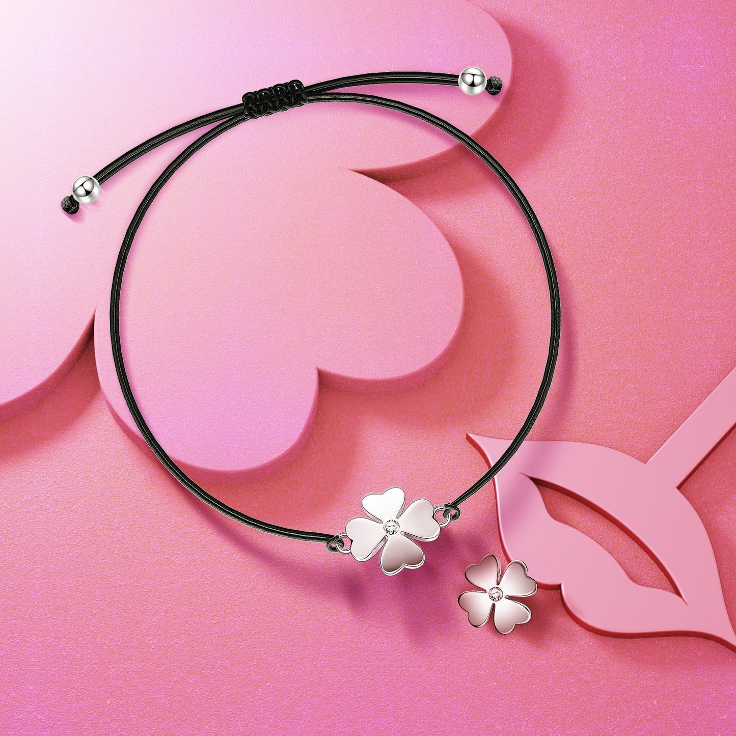 Sterling Silver Adjustable Lucky Leather Bracelet In White Gold Plated