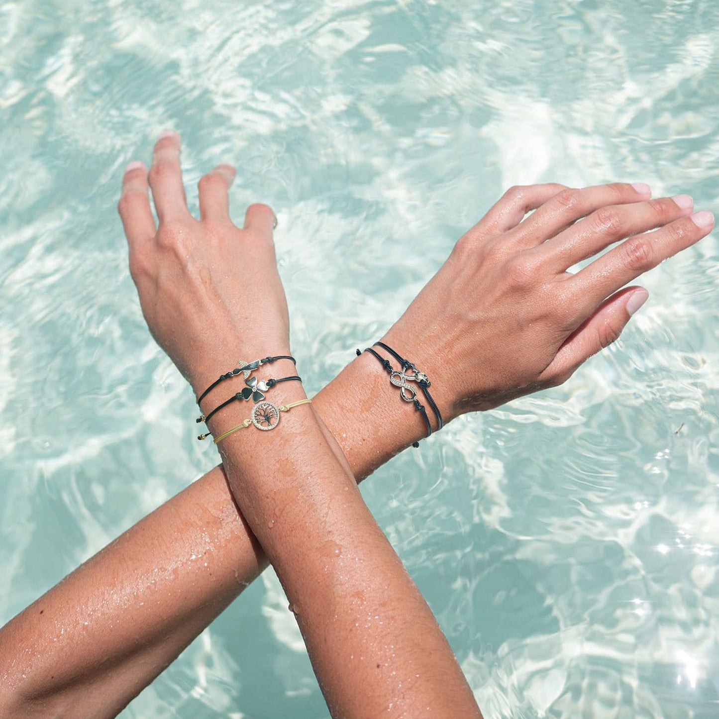 Sterling Silver Adjustable Lucky Leather Bracelet In White Gold Plated