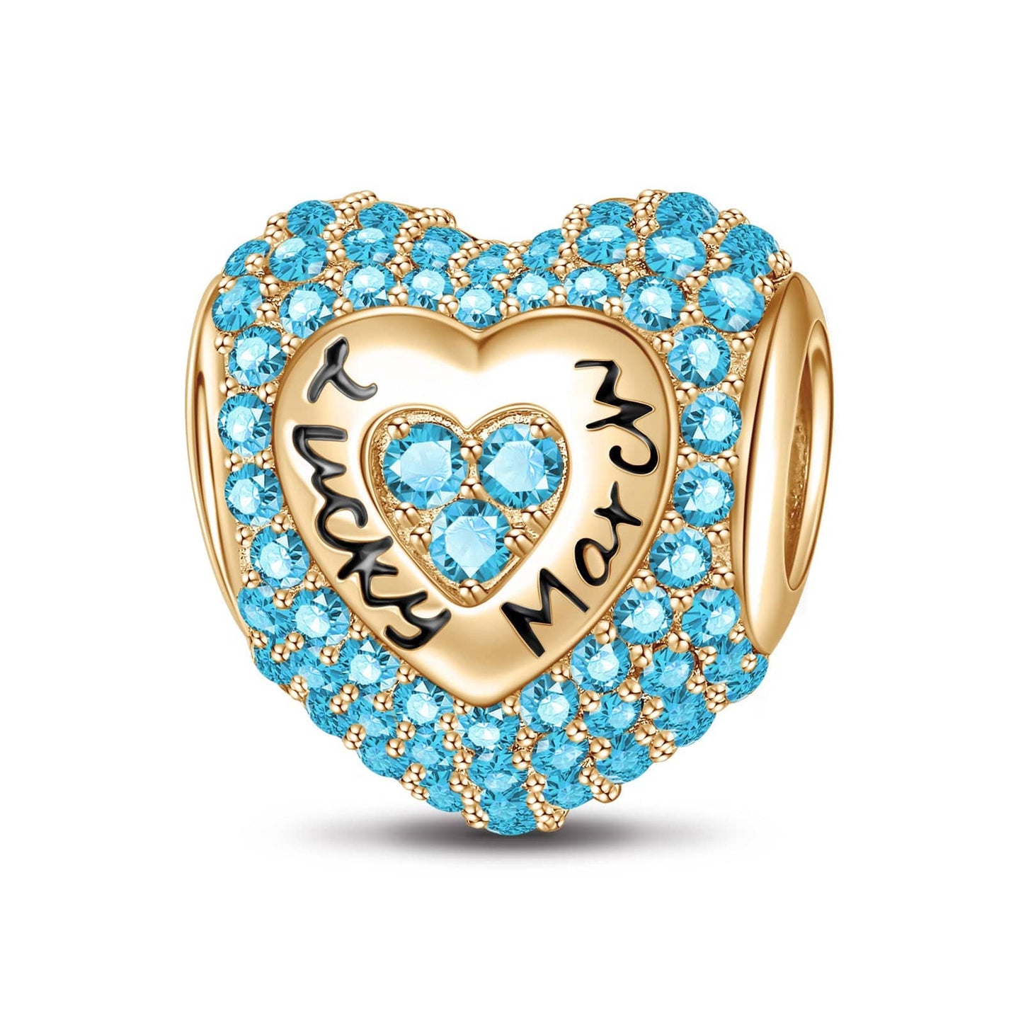 March Love Heart Birthstone Tarnish-resistant Silver Charms With Enamel In 14K Gold Plated