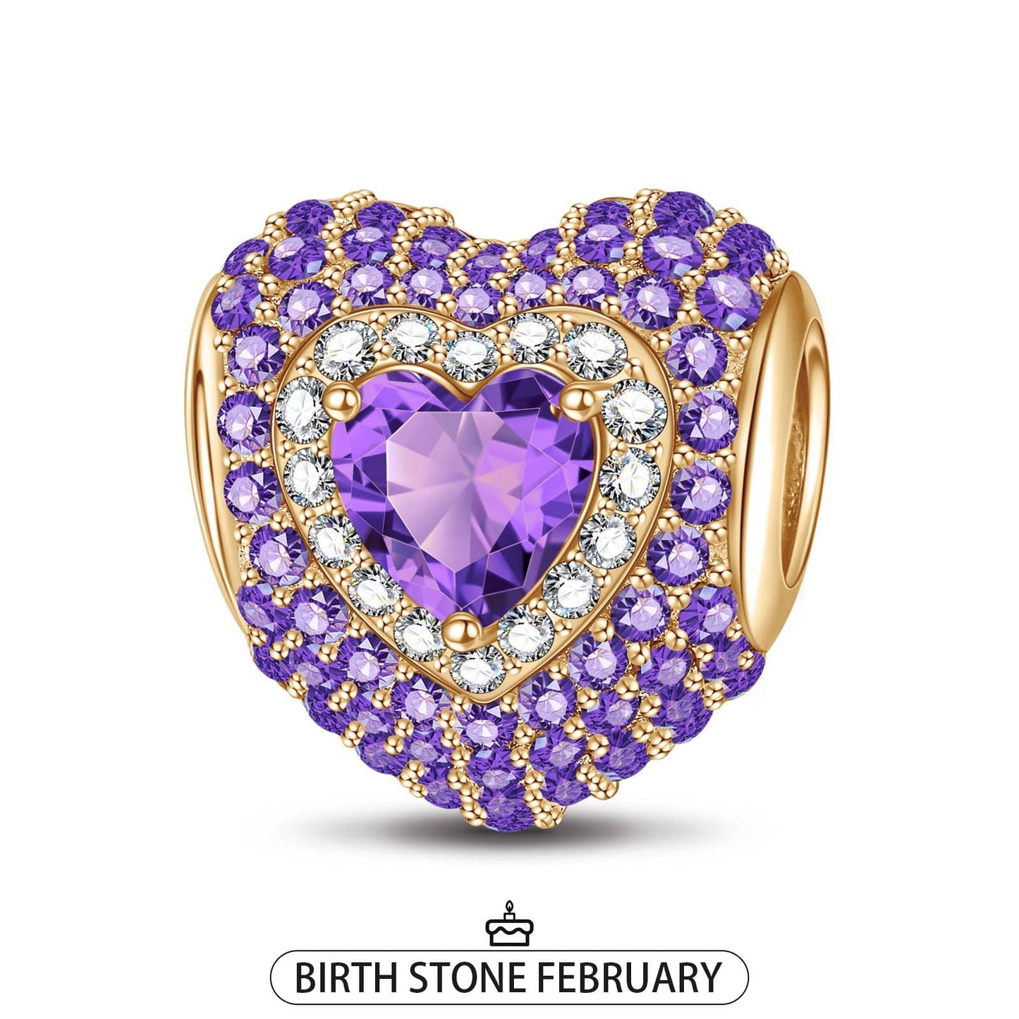 February Love Heart Birthstone Tarnish-resistant Silver Charms With Enamel In 14K Gold Plated