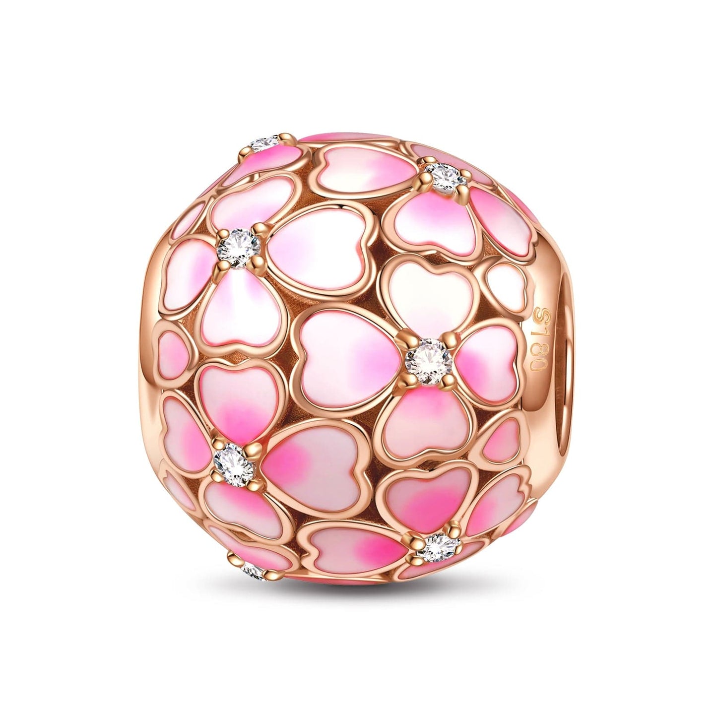 Pink Sakura Tarnish-resistant Silver Charms With Enamel In Rose Gold Plated