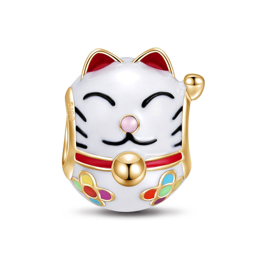 gon- Lucky Cat Tarnish-resistant Silver Charms With Enamel In 14K Gold Plated