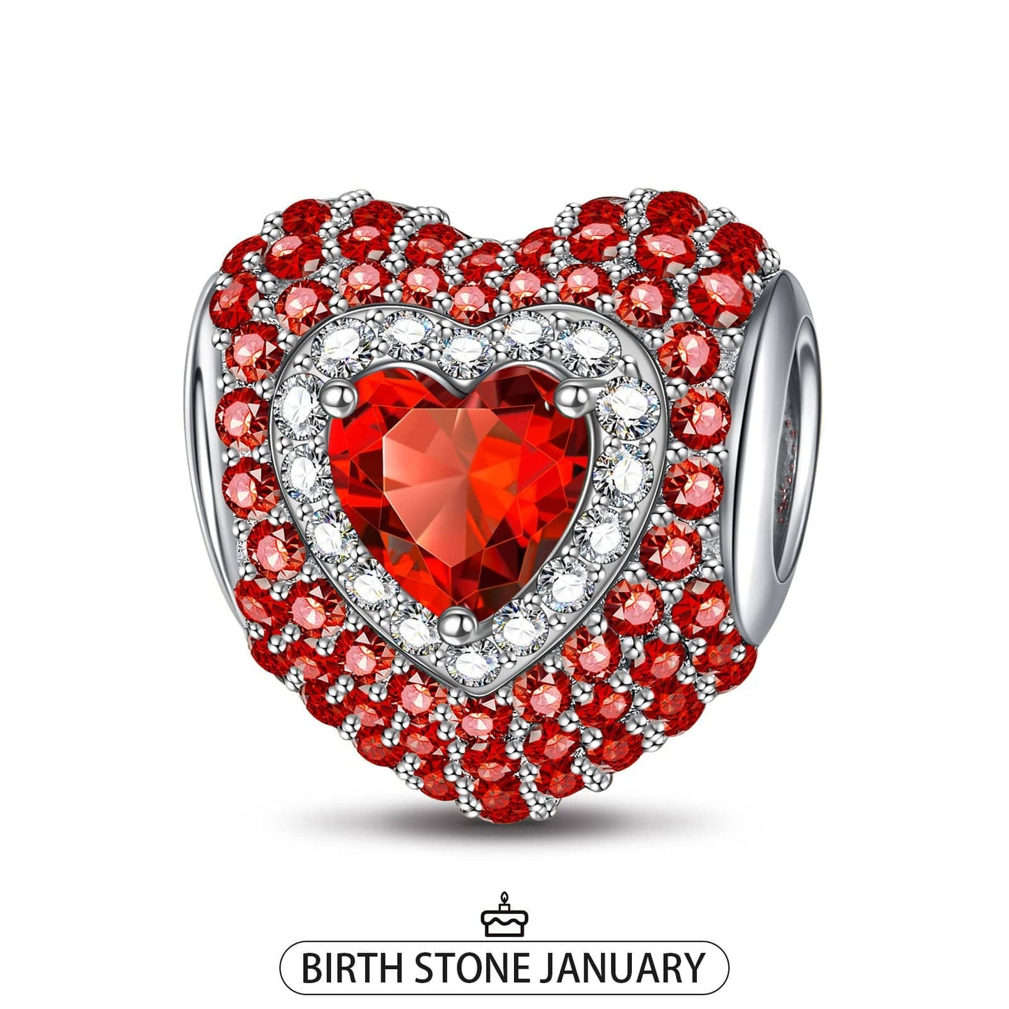 Sterling Silver Love Heart Birthstone January Charms With Enamel In White Gold Plated