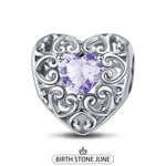 Sterling Silver Love Heart Birthstone June Charms In White Gold Plated