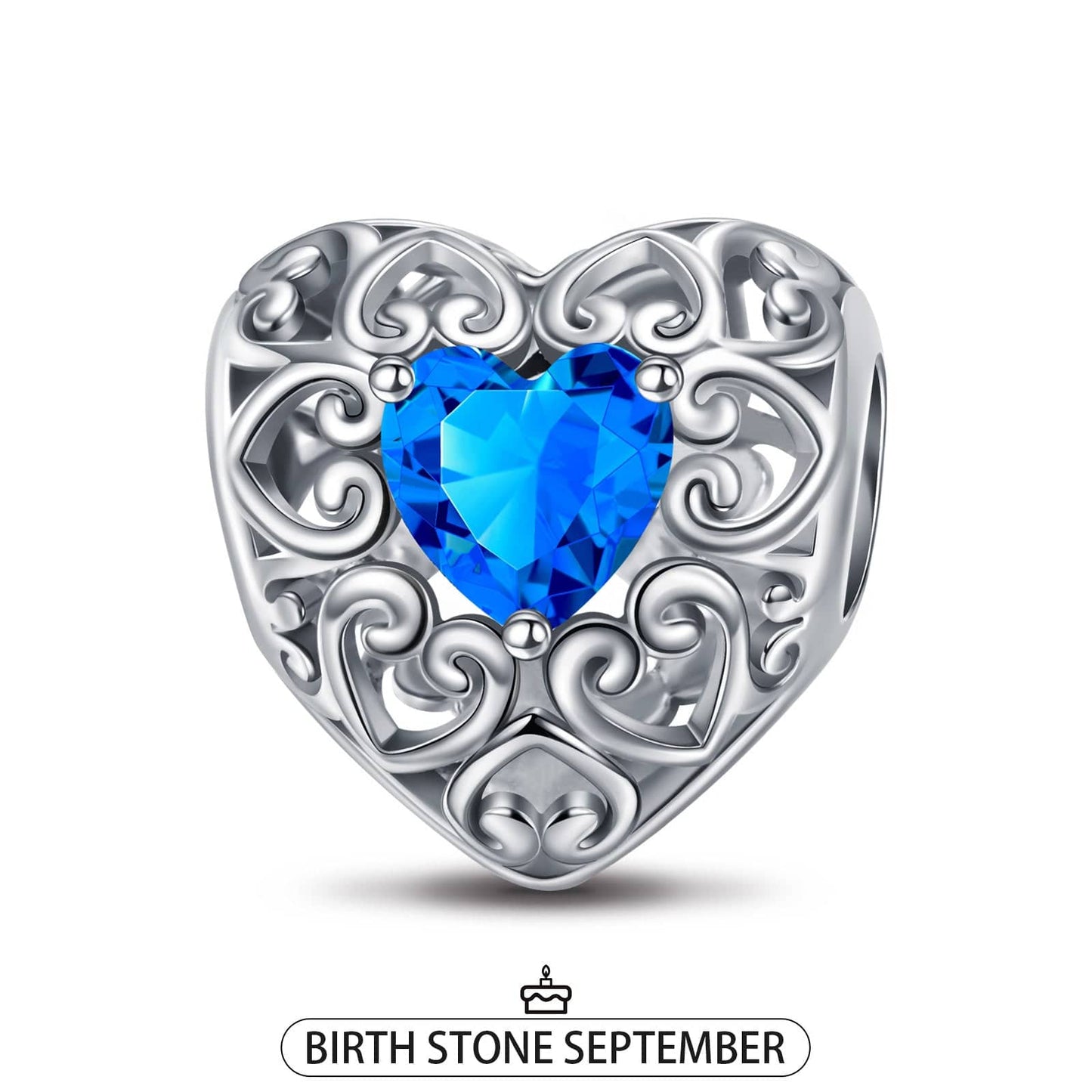 Sterling Silver Love Heart Birthstone September Charms In White Gold Plated