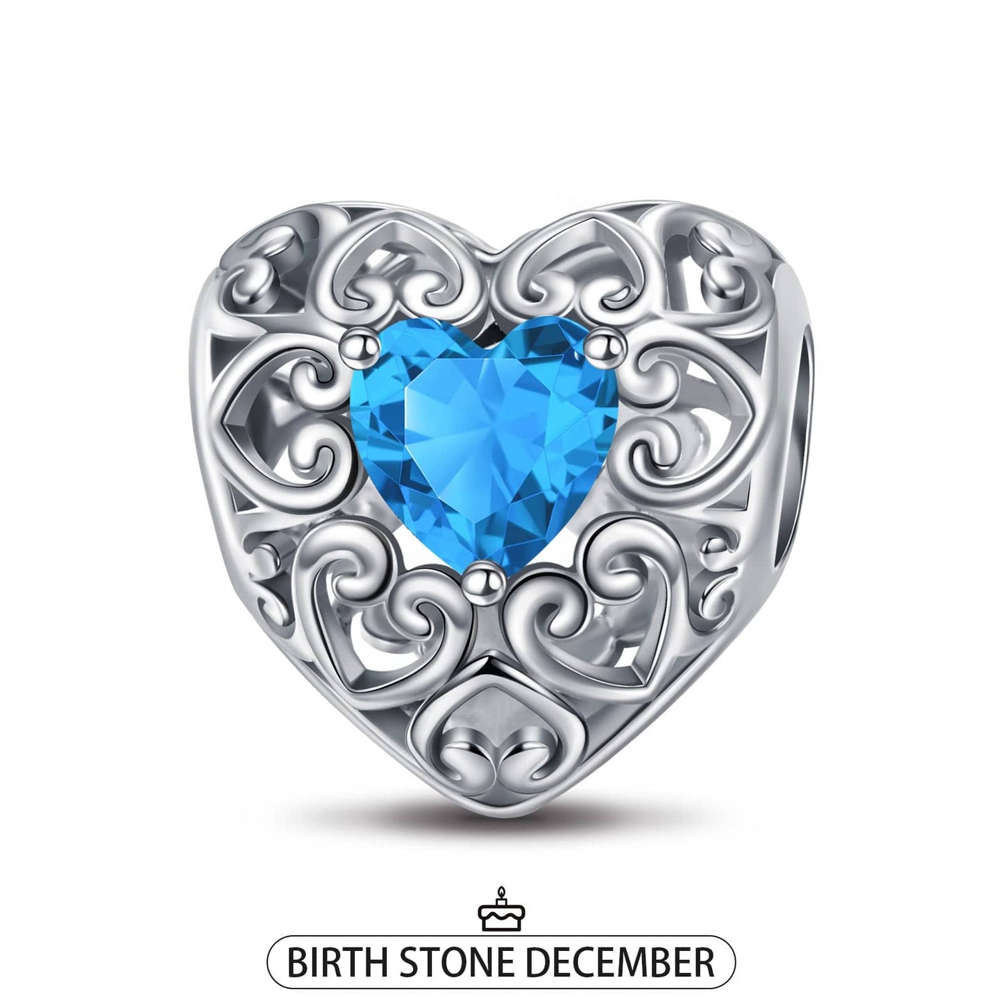 Sterling Silver Love Heart Birthstone December Charms In White Gold Plated