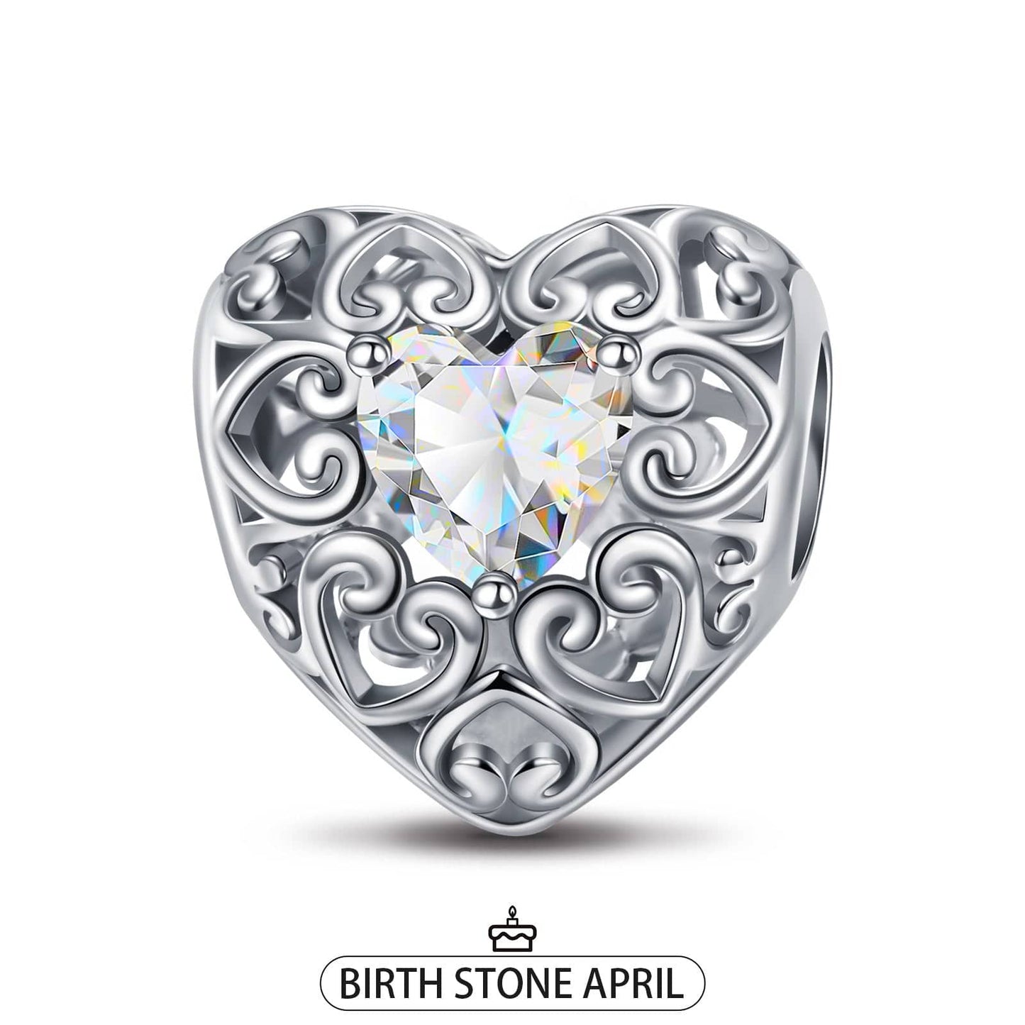 Sterling Silver Love Heart Birthstone April Charms In White Gold Plated