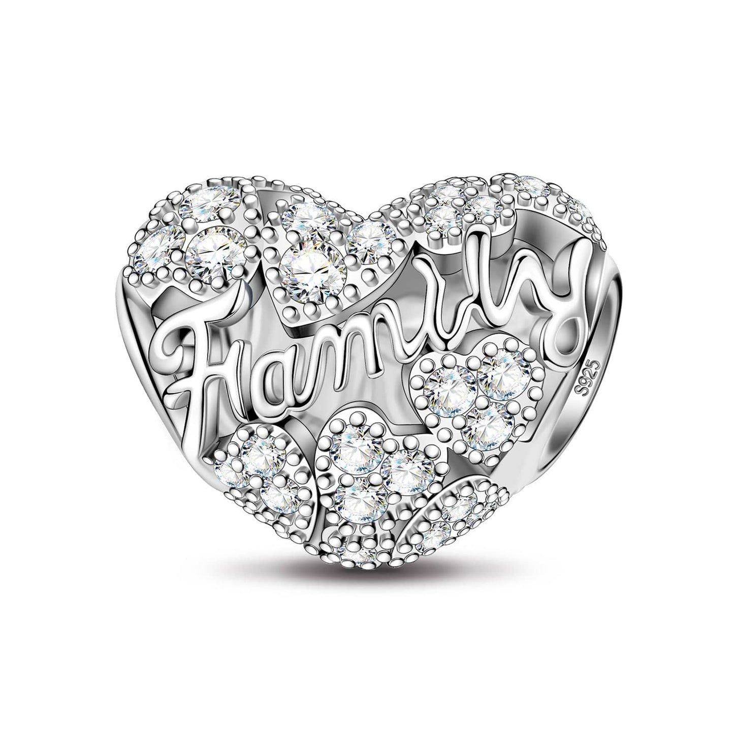 Sterling Silver Family Heart Charms In White Gold Plated