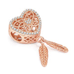 Sterling Silver Heart and Feather Dangle Charms In Rose Gold Plated