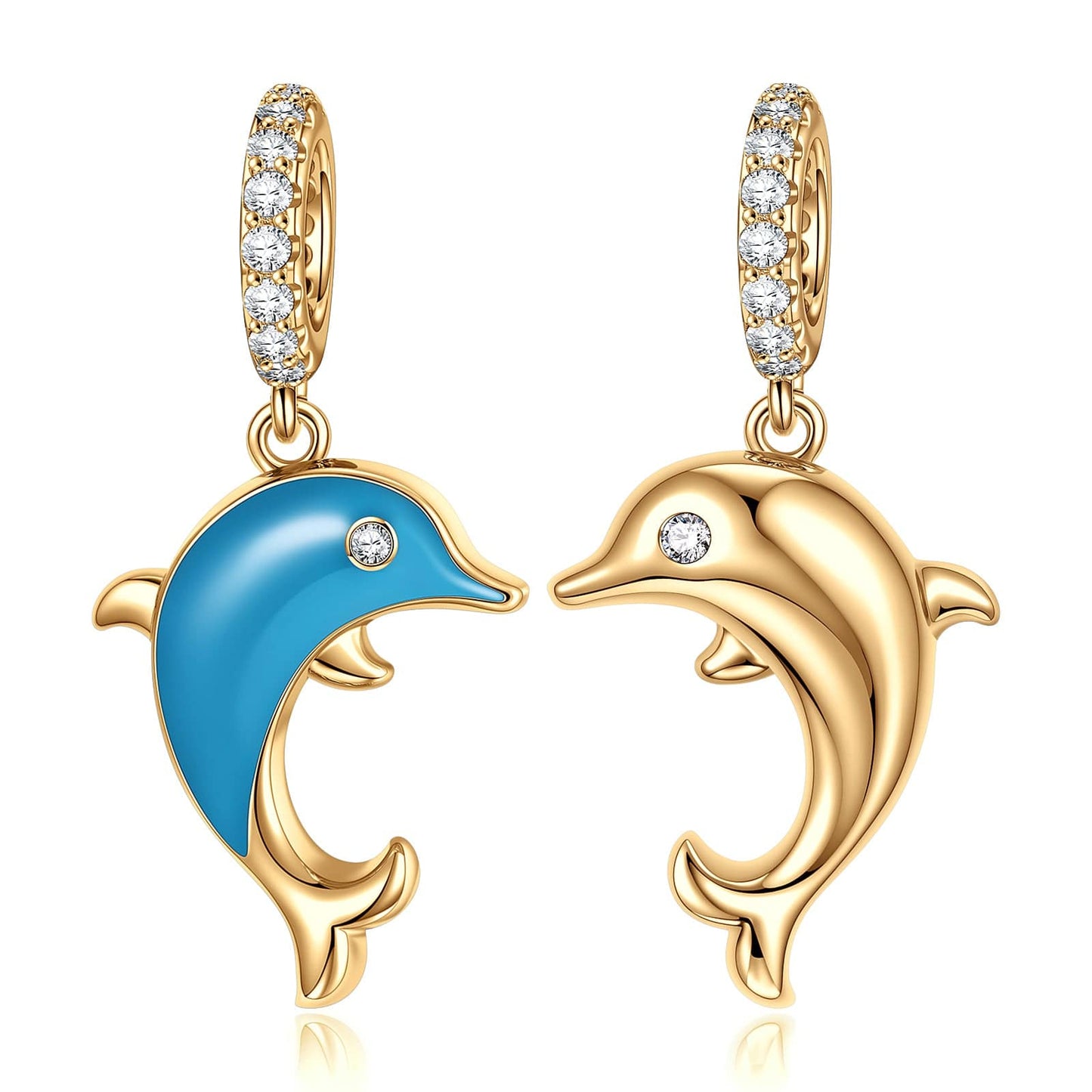 Leaping Dolphins Tarnish-resistant Silver Charms With Enamel In 14K Gold Plated