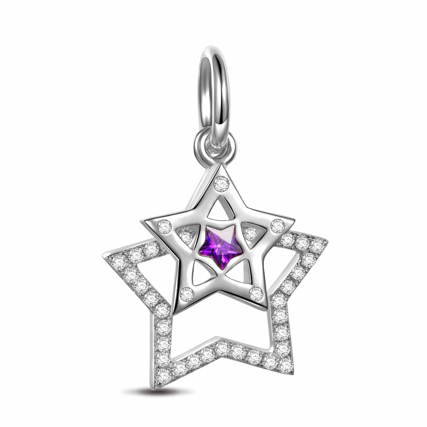 Sterling Silver Brilliant Star Dangle Charms In White Gold Plated