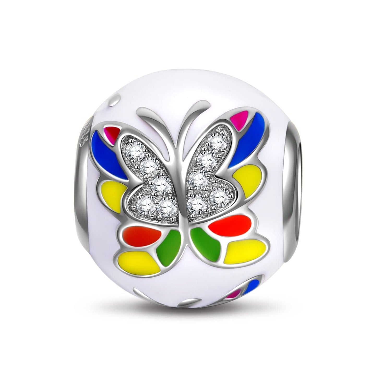 Sterling Silver Colorful Butterfly Charms With Enamel In White Gold Plated