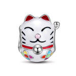 Sterling Silver Lucky Cat Charms With Enamel In White Gold Plated