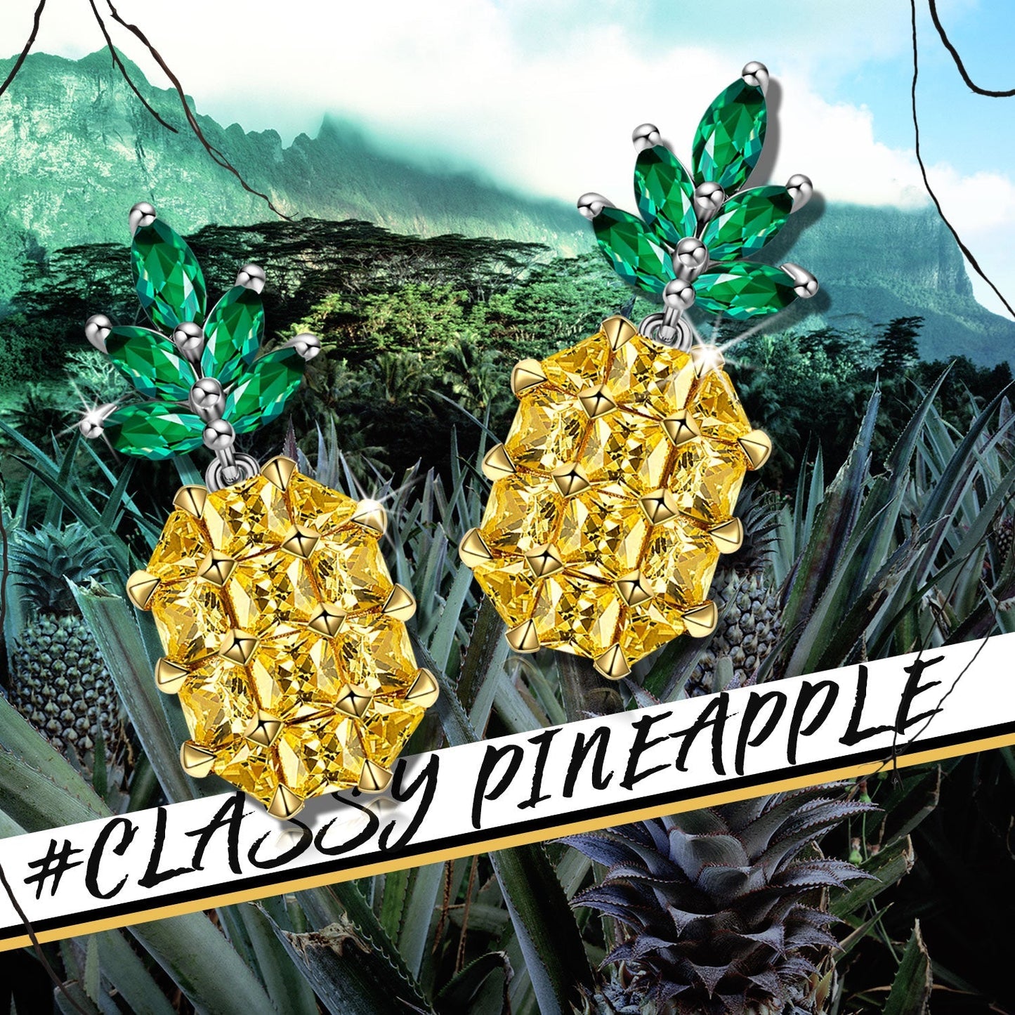 Sterling Silver Crystal Shining Pineapple Earrings In White Gold Plated