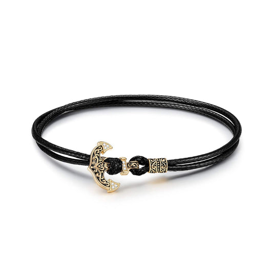 gon- Black Leather Tarnish-resistant Silver Anchor Bracelet In 14K Gold Plated