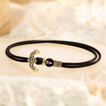 Black Leather Tarnish-resistant Silver Anchor Bracelet In 14K Gold Plated