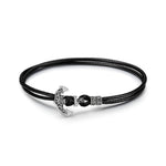 Black Leather Anchor Tarnish-resistant Silver Bracelet In White Gold Plated