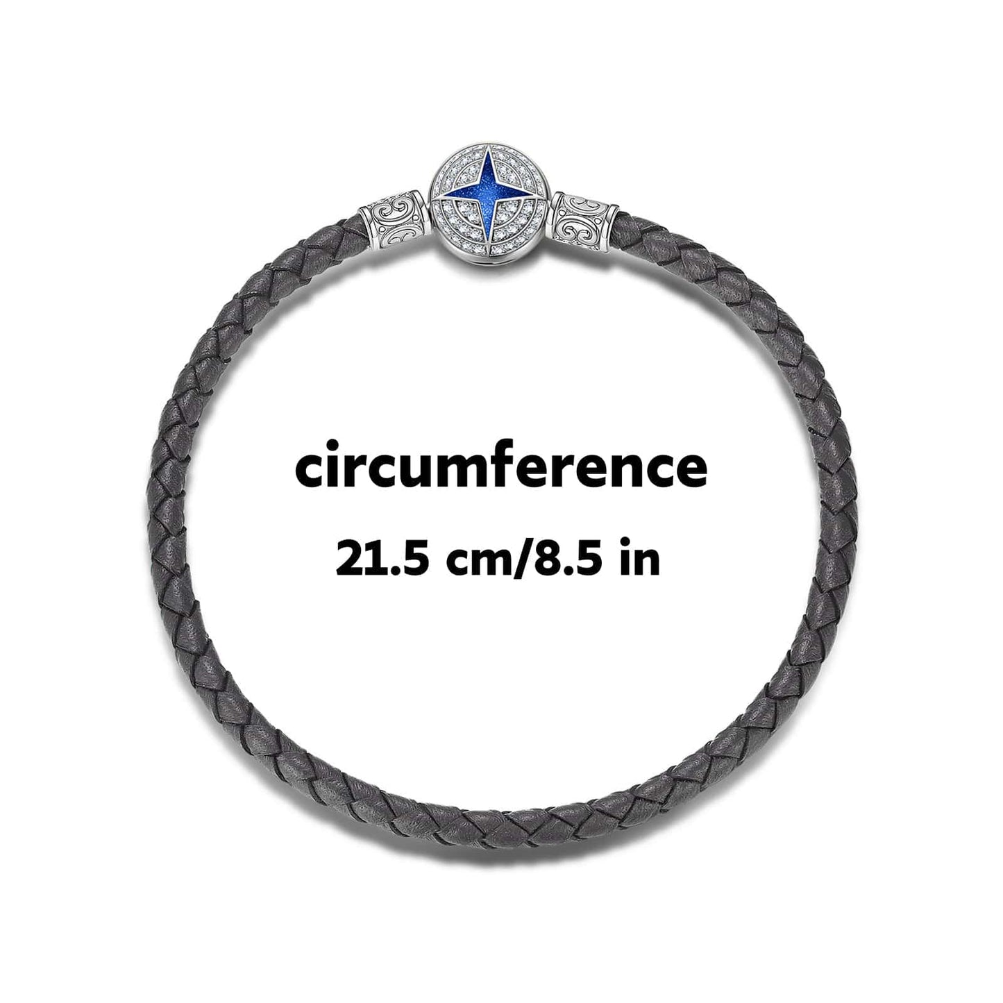 Sterling Silver Universal Polaris Grey Leather Bracelet With Enamel In White Gold Plated
