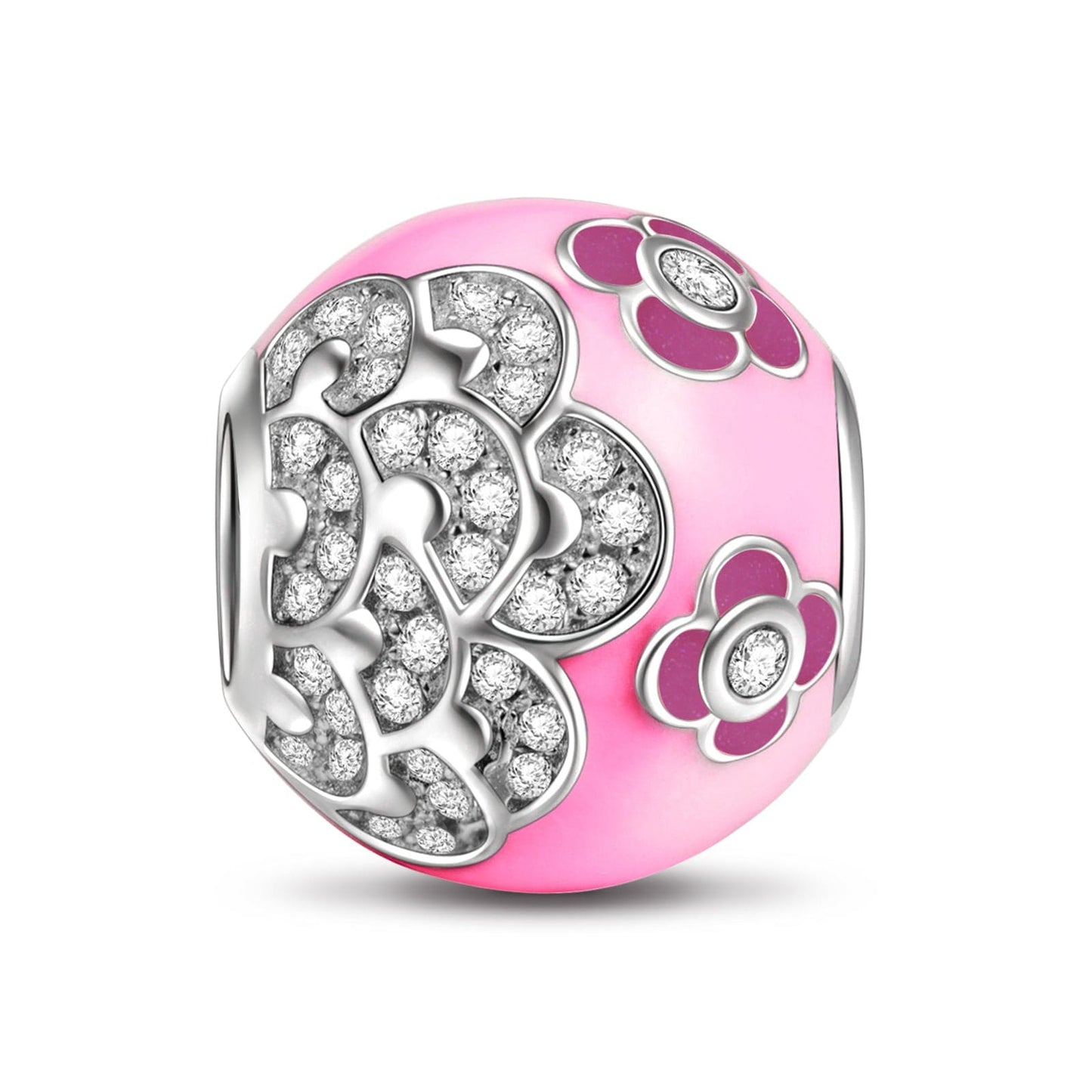 Pink Camellia Tarnish-resistant Silver Charms With Enamel In White Gold Plated