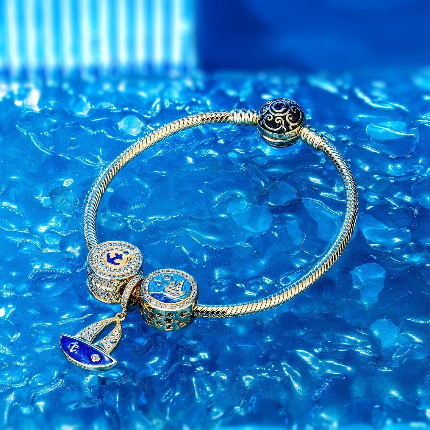 Sail Away Azure Tarnish-resistant Silver Charms With Enamel In 14K Gold Plated