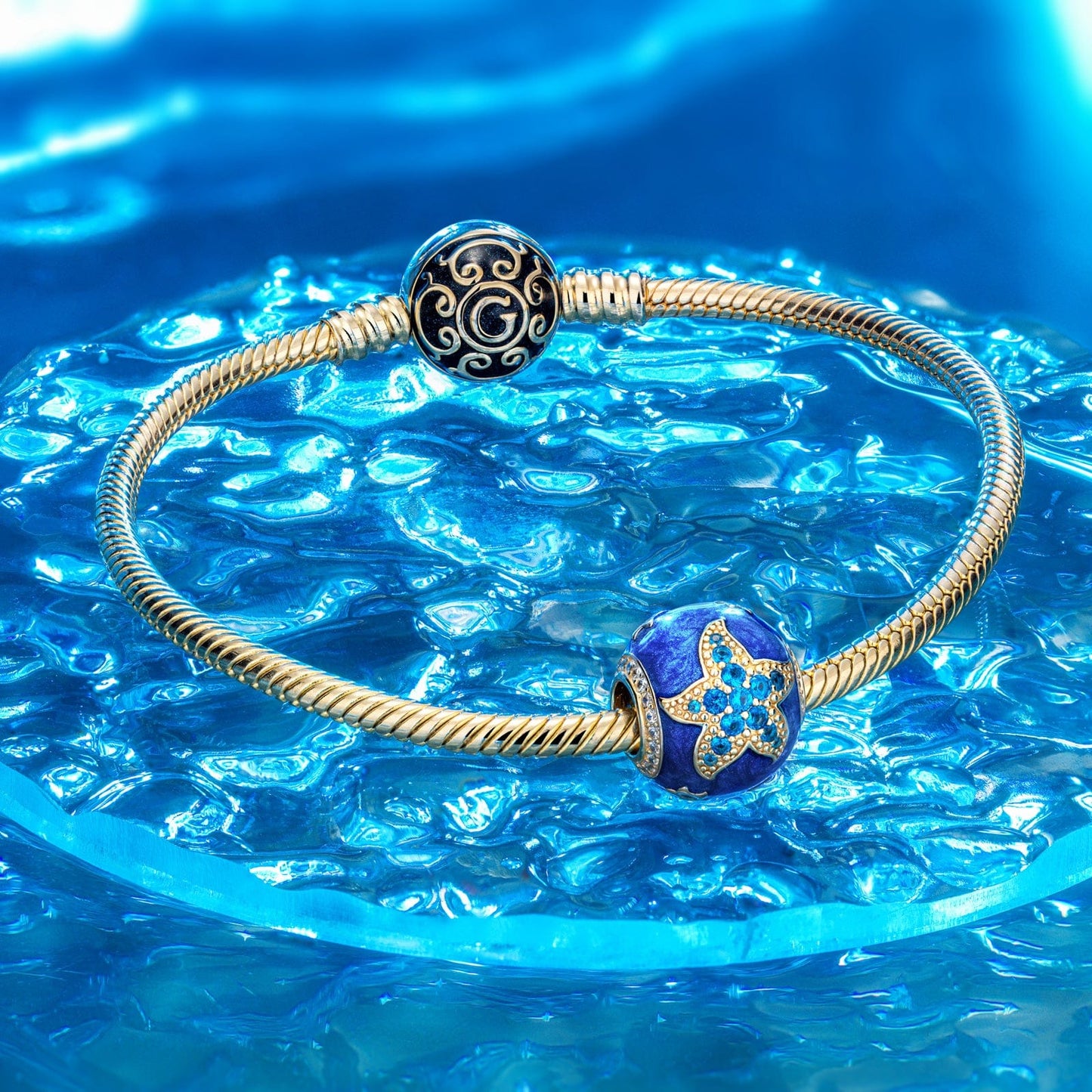 Cute Blue Starfish Tarnish-resistant Silver Charms With Enamel In 14K Gold Plated