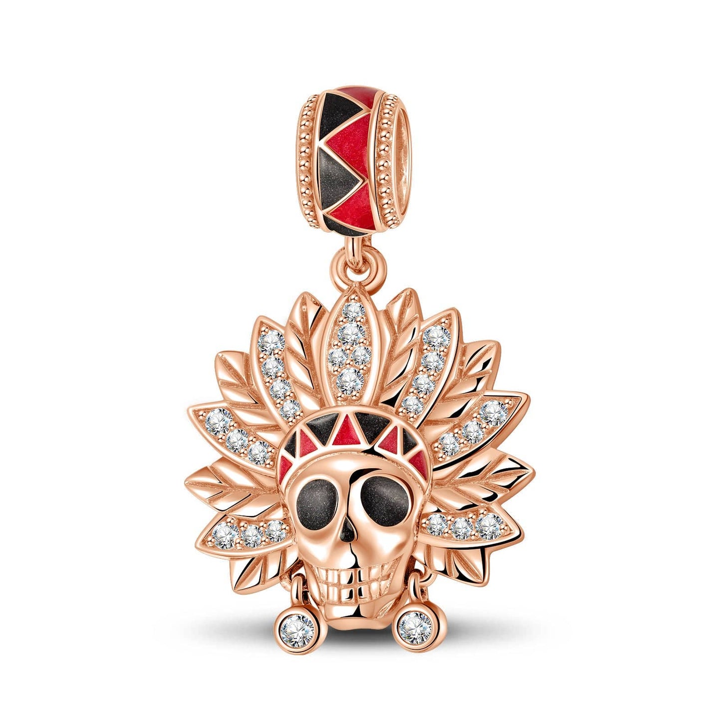 Tribal Chief Skull Head Tarnish-resistant Silver Dangle Charms With Enamel In Rose Gold Plated