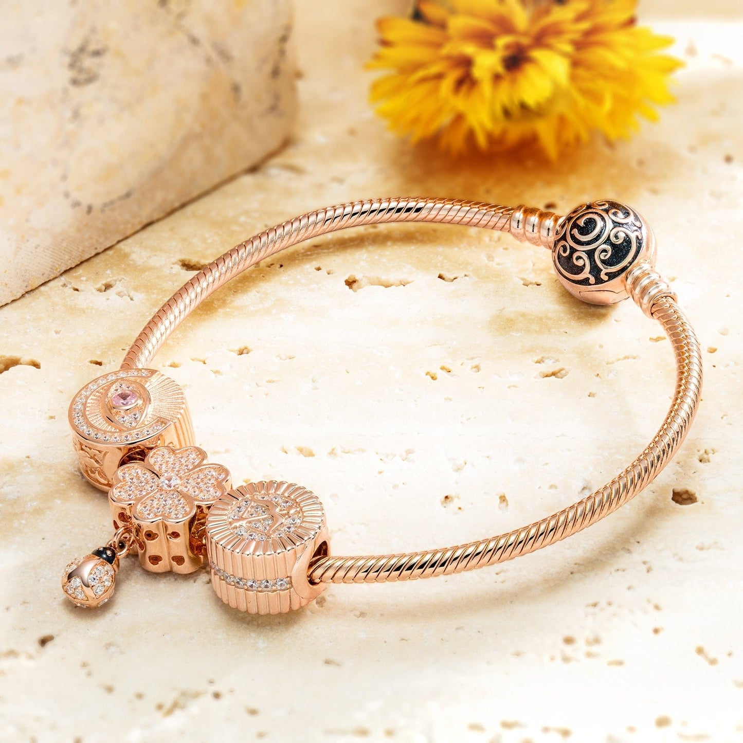 Encounter With Clover Tarnish-resistant Silver Dangle Charms With Enamel In Rose Gold Plated