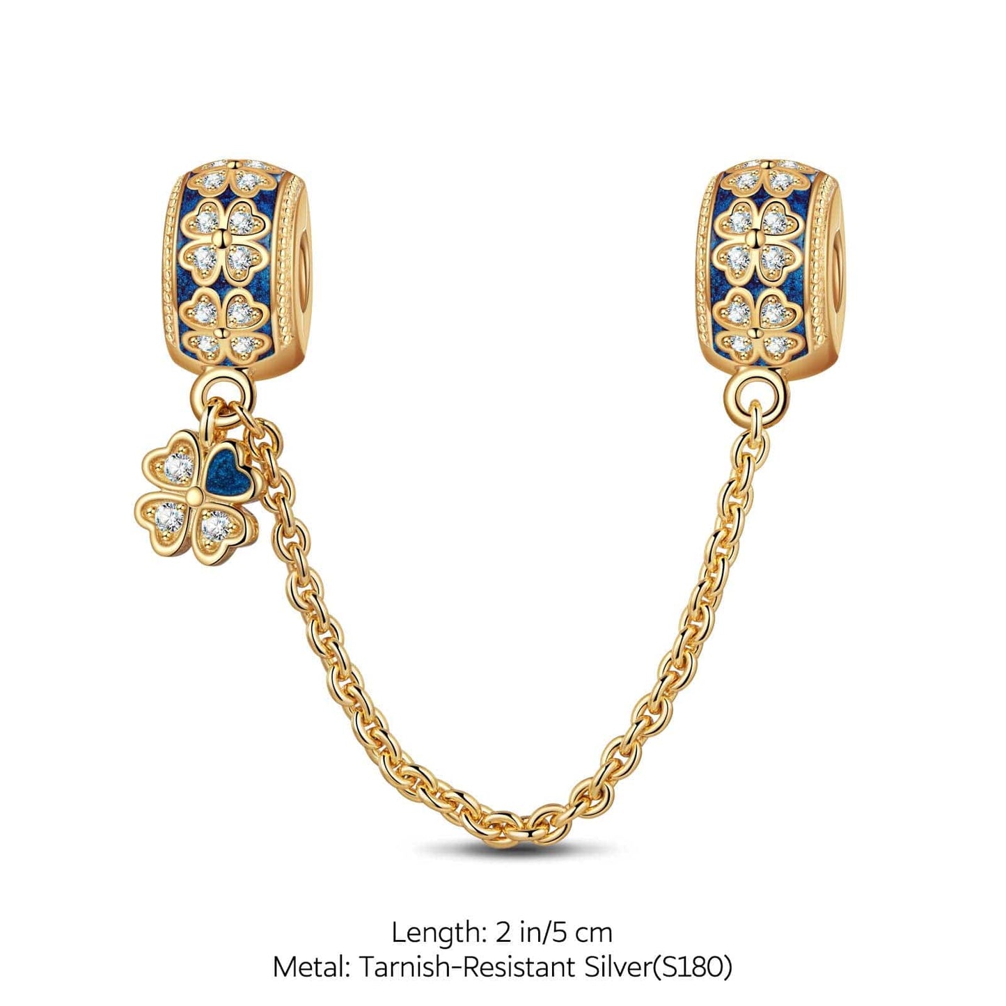 Blue Four Leaf Clover Tarnish-resistant Silver Safety Chain With Enamel In 14K Gold Plated