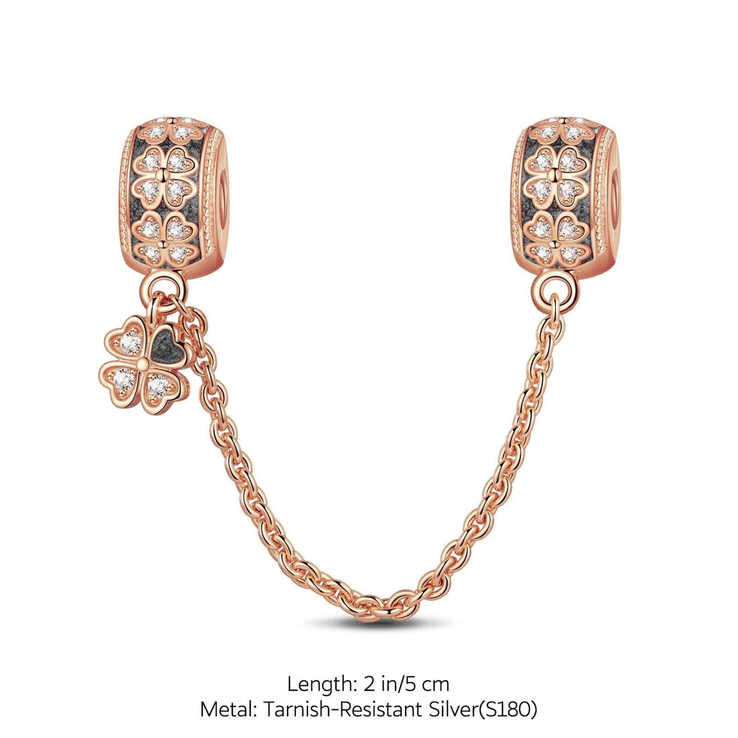 Four Leaf Clover Tarnish-resistant Silver Safety Chain With Enamel In Rose Gold Plated