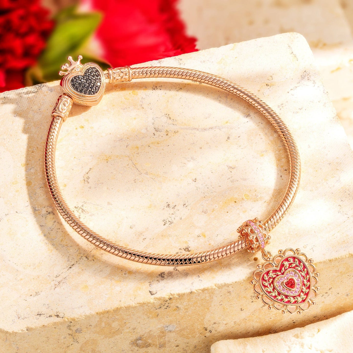 Crowned With Love Tarnish-resistant Silver Dangle Charms With Enamel In Rose Gold Plated