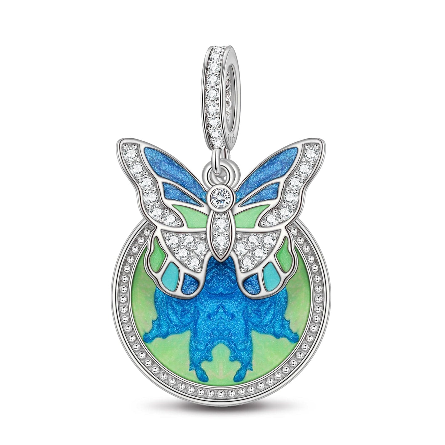 Green Summer's Butterfly Tarnish-resistant Silver Dangle Charms With Enamel In White Gold Plated