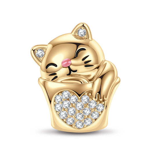 gon- Maneki Neko Tarnish-resistant Silver Animal Charms With Enamel In 14K Gold Plated