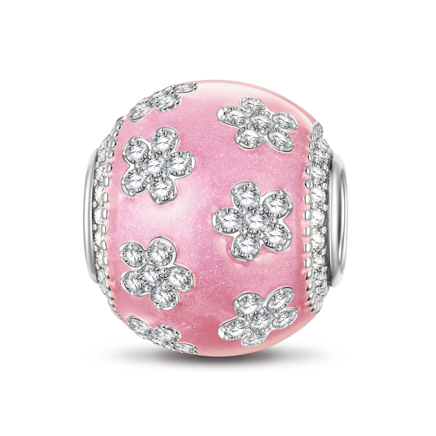 Pink Flowers Tarnish-resistant Silver Charms With Enamel In White Gold Plated