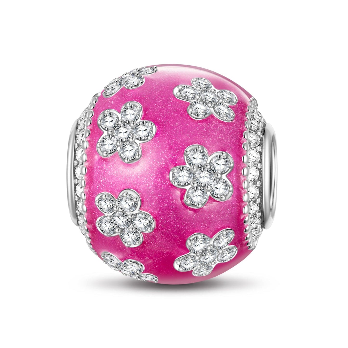 Rose Pink Flowers Tarnish-resistant Silver Charms With Enamel In White Gold Plated