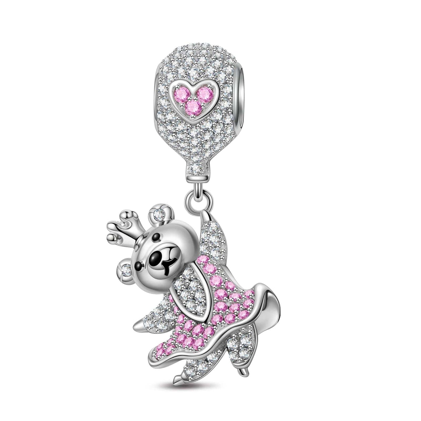 Pink Princess Bear Tarnish-resistant Silver Dangle Charms With Enamel In White Gold Plated