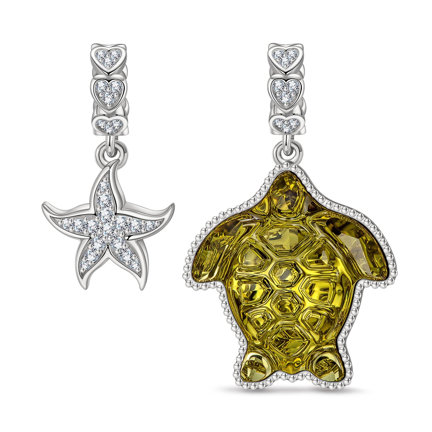 Turtle and Starfish Tarnish-resistant Silver Charms with Crystal from Swarovski In White Gold Plated