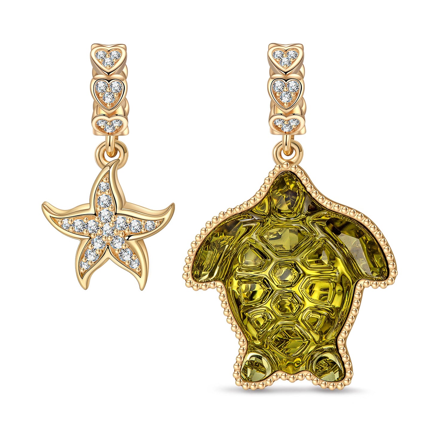 Turtle and Starfish Tarnish-resistant Silver Charms with Crystal from Swarovski In 14K Gold Plated