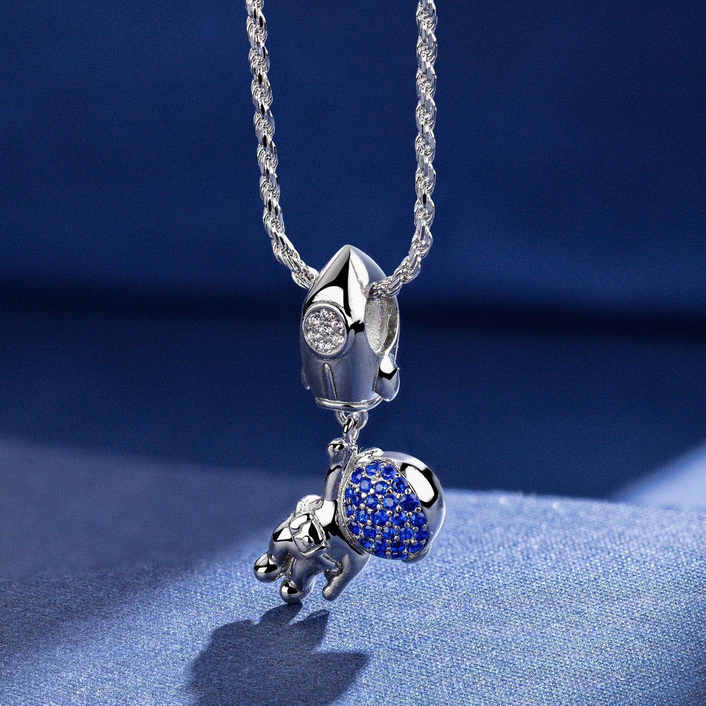 Sterling Silver Astronauts And Rockets Charms In White Gold Plated