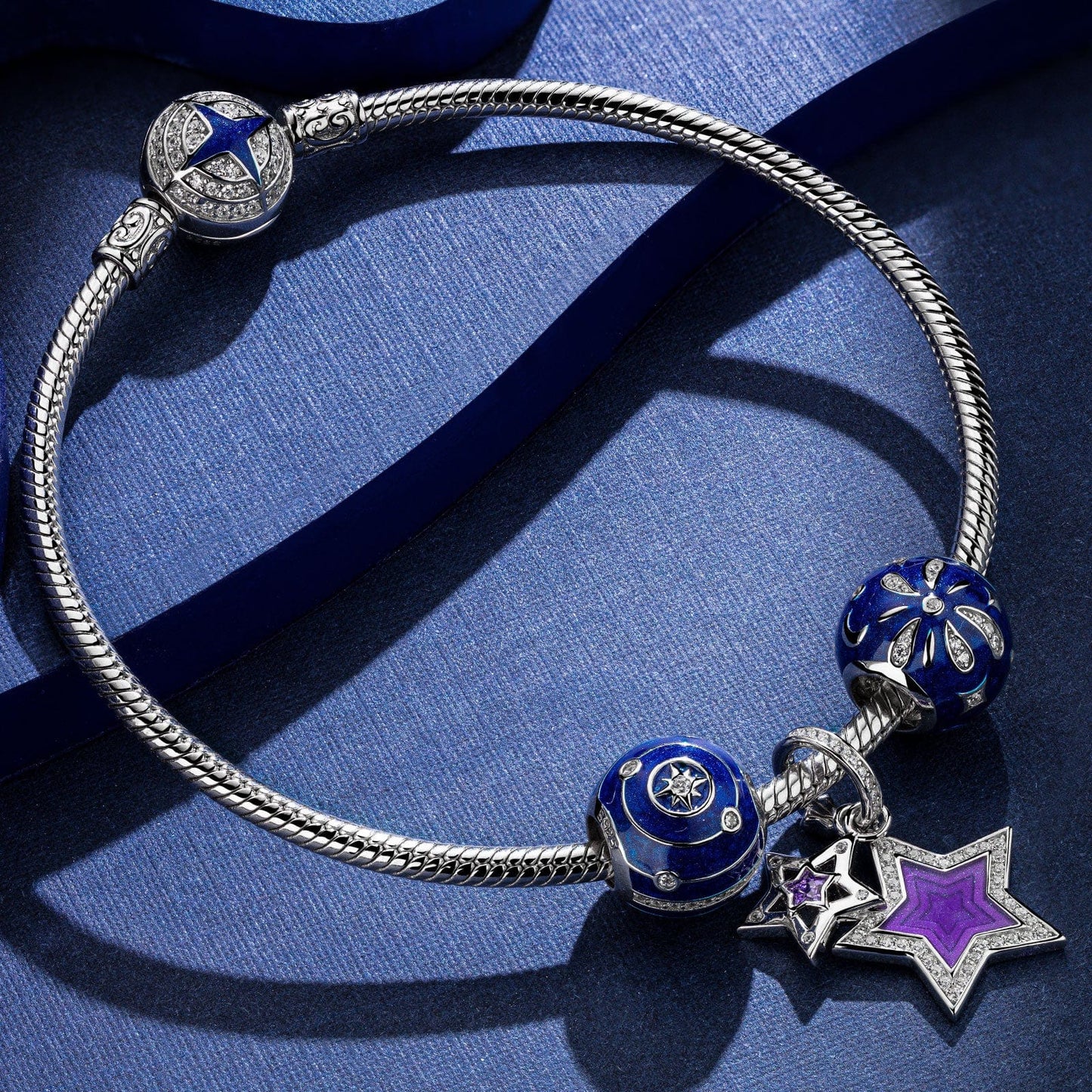 Sterling Silver The Purple Star Charms With Enamel In White Gold Plated