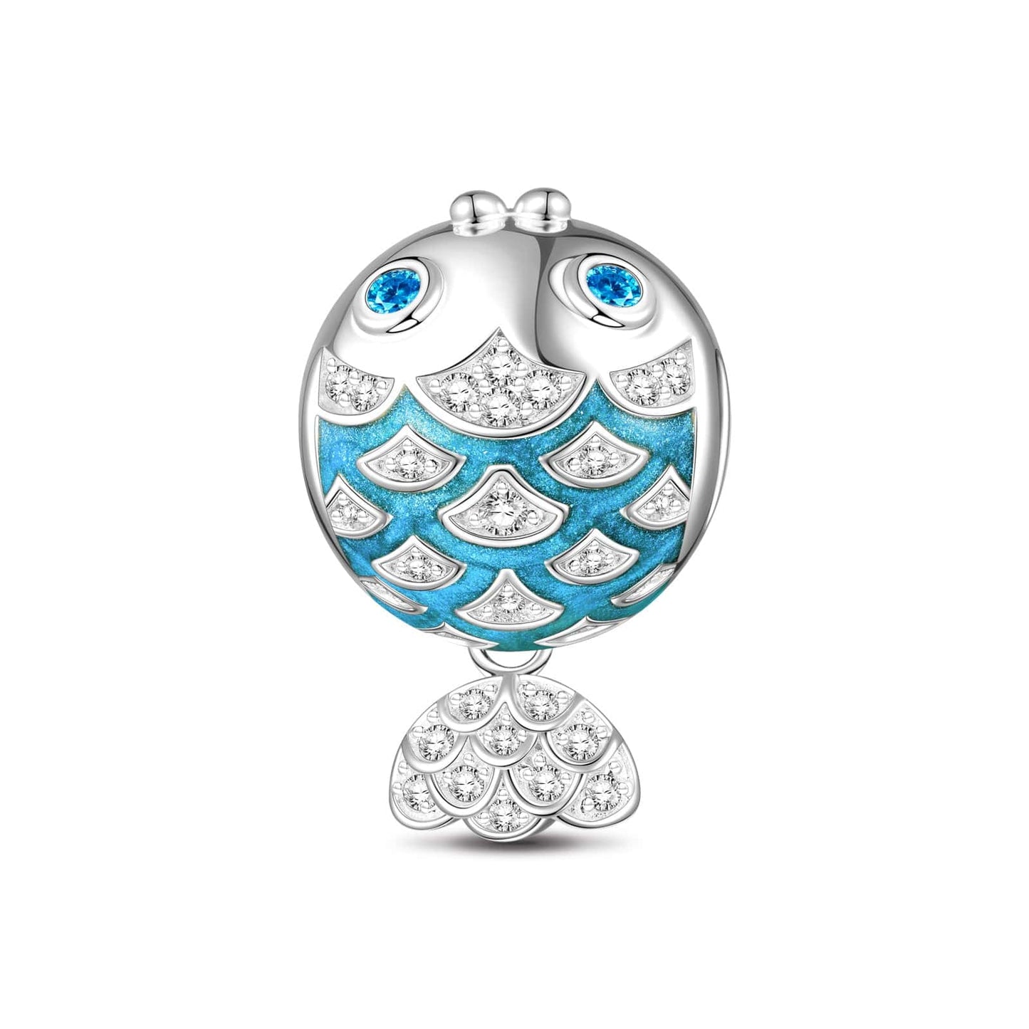 Sterling Silver Blue Kissing Fish Charms With Enamel In White Gold Plated