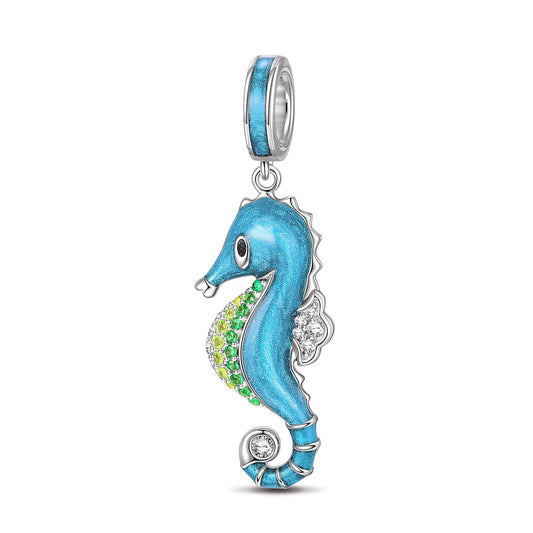 gon- Sterling Silver Blue Seahorse Dangle Charms With Enamel In White Gold Plated