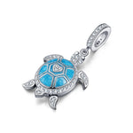 Sterling Silver Blue Turtle Dangle Charms With Enamel In White Gold Plated