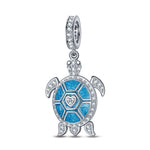 Sterling Silver Blue Turtle Dangle Charms With Enamel In White Gold Plated