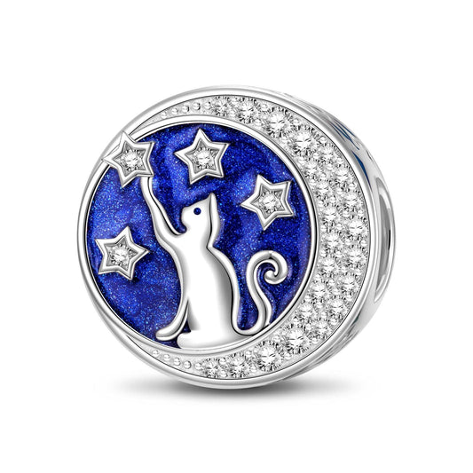 gon- Sterling Silver Cat Picking Stars Charms With Enamel In White Gold Plated